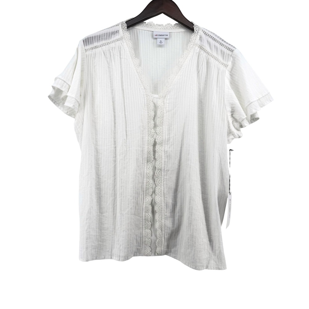 Liz Claiborne White Cotton Lace Trim Flutter Sleeve Blouse XL NWT Summer